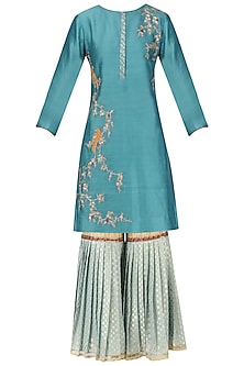 Teal Embroidered Kurta with Light Blue Gharara and Dupatta Set